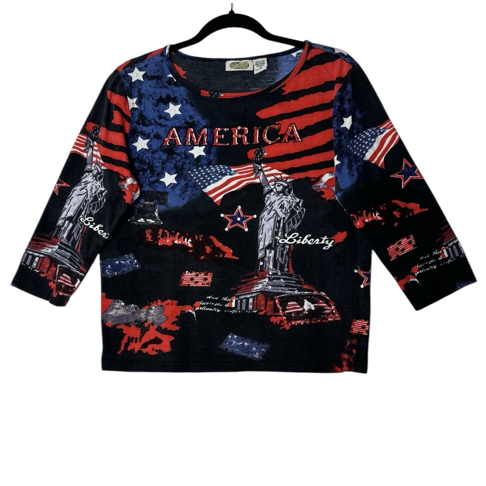 Collections Etc Top Women Medium Sequin Blouse Artsy 4th Of July USA Flag Stars